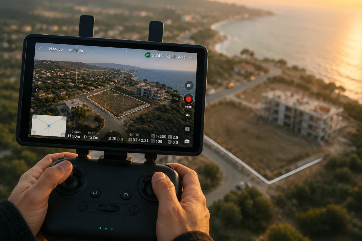 İnşaat projesi üzerinde 4K çözünürlükte canlı aktarımla havadan arsa drone çekimi yapılması.