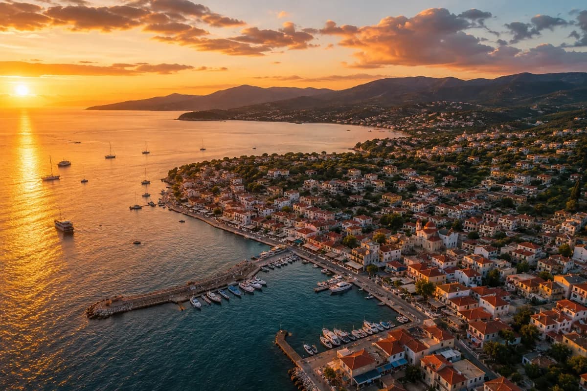 Gün batımında ND filtre kullanılarak çekilmiş sinematik panoramik havadan drone fotoğrafı.