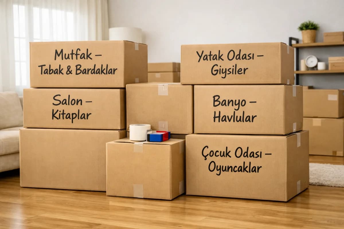 Üzerinde oda isimleri yazılı etiketler bulunan düzenli hazırlanmış ev taşıma kolileri